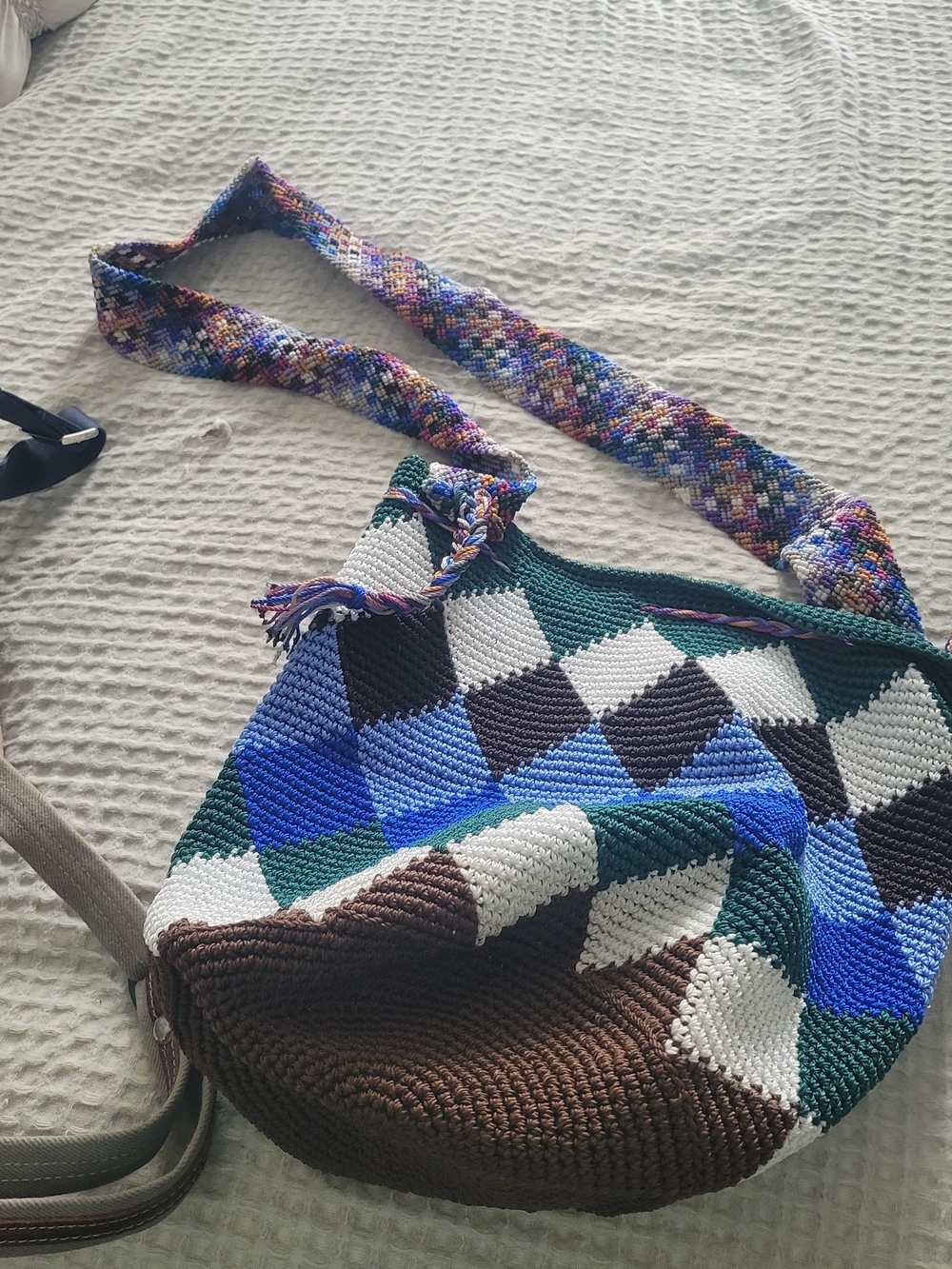 Handwoven Multi-Color Crochet Shoulder Bag - Blue, Green, Brown